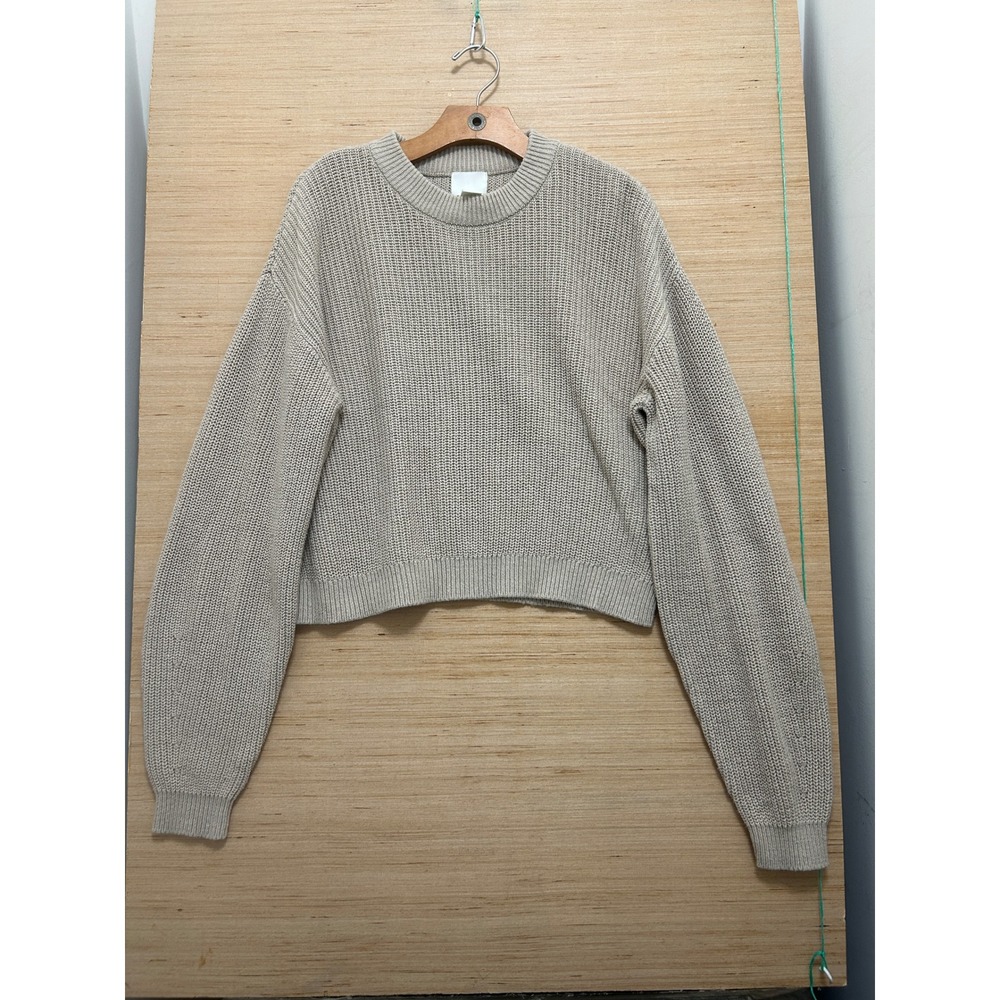 HM‎ Womens Beige Ribbed Knit Cropped Sweater Crew Neck Boxy Pullover XS